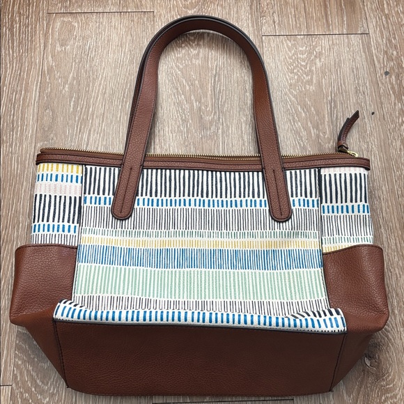 New! Fossil Mimi Shopper purse/tote, blue/green/brown multicolor stripe - Picture 4 of 15